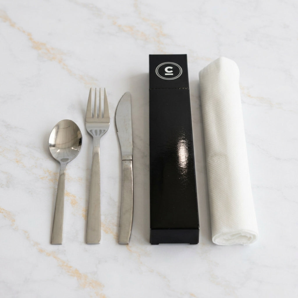 C-Gastronomie stainless steel cutlery set with napkin on marble