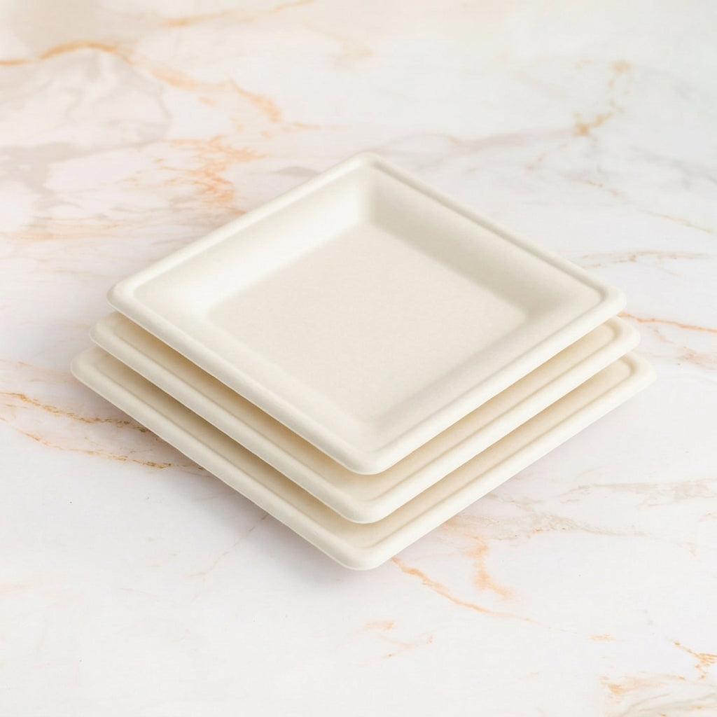 Compostable square plates on marble